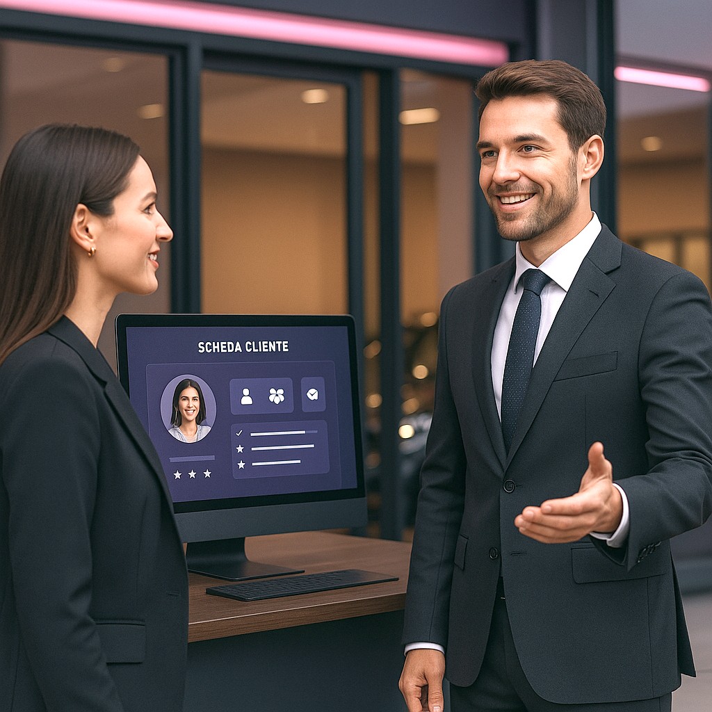 A dealer welcomes the user to the dealership