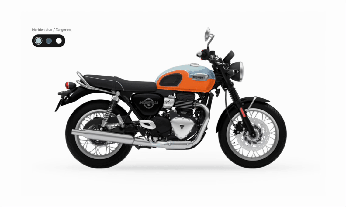 Triumph modern classic motorcycle rotating in 3D as the user scrolls, with colourway selector on the launch page