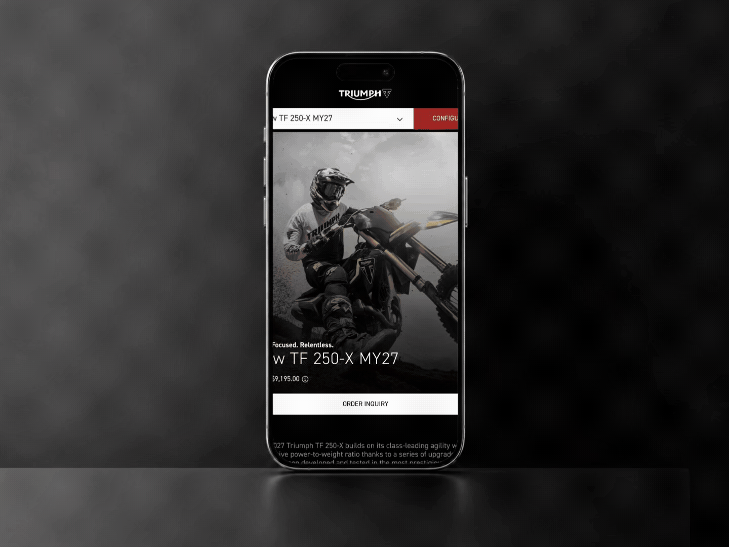 Triumph Bonneville T40 Black official launch page on a smartphone, with scroll-driven 3D close-ups of the motorcycle